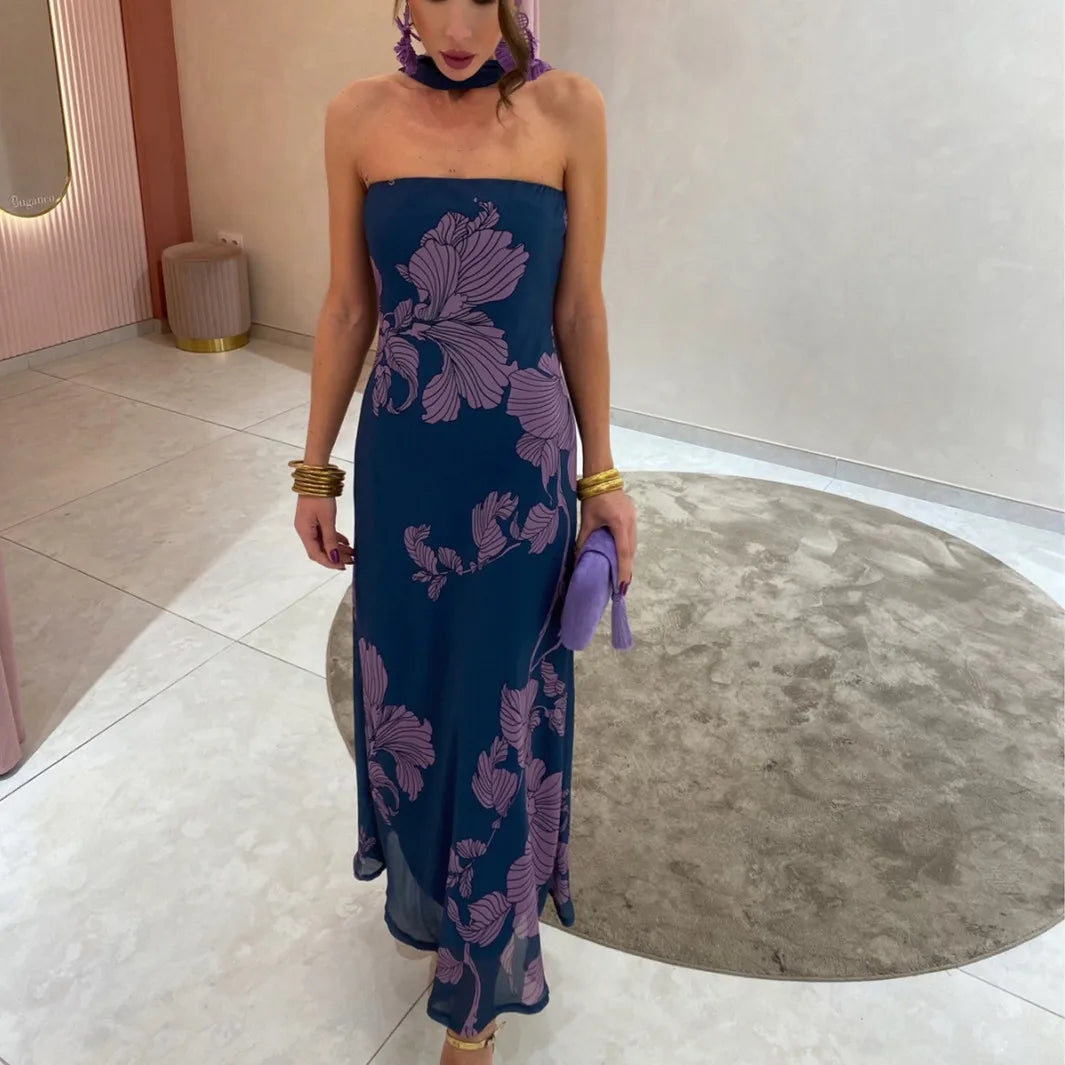 BXOXO Women Long Dress Floral Print Tube Dress Summer Backless Casual Strapless Dress with Choker Scarf Holiday Sundress