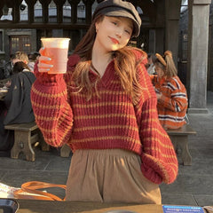 Bxoxo Vintage Striped Cropped Sweater Women Fall Winter Korean Preppy Knit Jumper Female Loose Long Sleeve Turndown Collar Pullovers