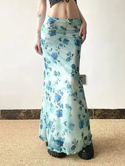 Bxoxo Vintage Mesh Floral Long Skirt Women Elegant Low Waist Slim Sexy Skirts Retro American Streetwear Casual Elastic Long Skirt