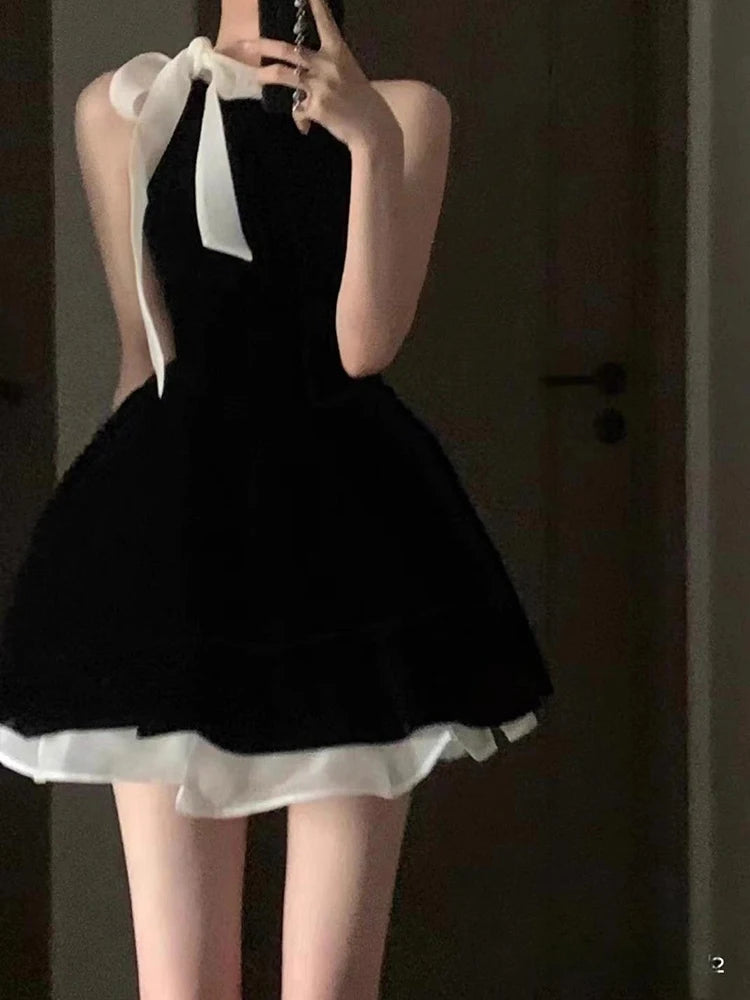 Bxoxo Elegant Halter Neck Dress Woman Y2K Black Hepburn Style Bow Bandage Sleeveless Mini Dress Summer Slim Patchwork Party Vestidos