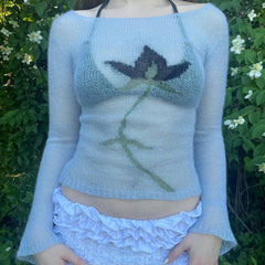 BXOXO Flower Long Sleeve Knitted Crop Tops Aesthetic See Through Sweater Tees 90s Vintage Y2k Gyaru Crop Tops Jumpers Cottage Clothes