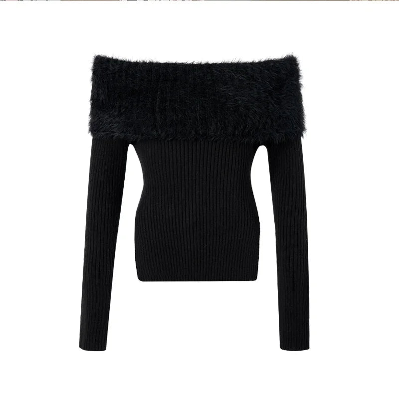 Bxoxo Off-shoulder Tops Cherry Red Fuzzy Knit Side Slits Long Sleeve Off The Shoulder Sweater Autumn Winter Christmas Festival Outfit