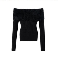 Bxoxo Off-shoulder Tops Cherry Red Fuzzy Knit Side Slits Long Sleeve Off The Shoulder Sweater Autumn Winter Christmas Festival Outfit