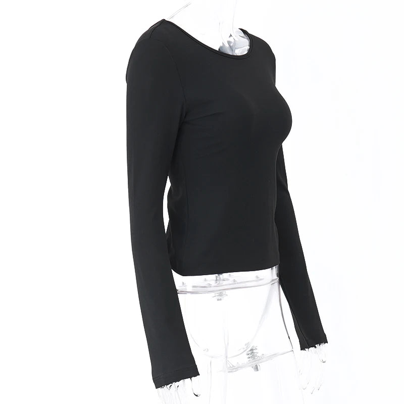 Bxoxo Sexy Long Sleeve Backless T Shirt Gothic Round-neck Skinny Women Crop Tops 2022 Autumn Fashion Black Tees Party Clubwear