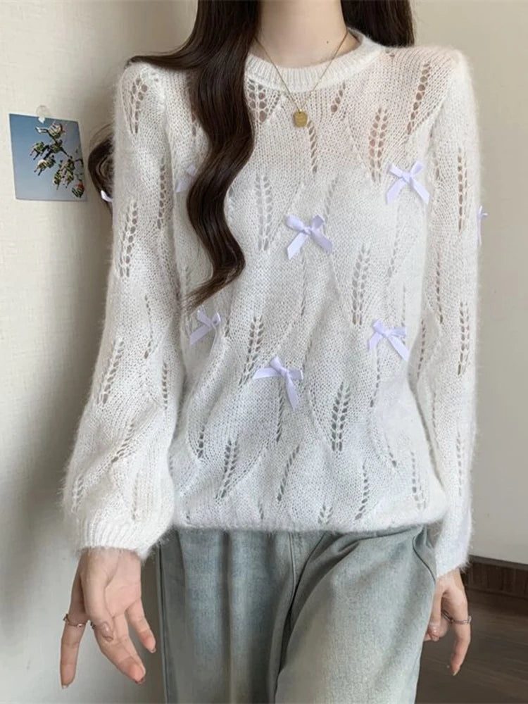 Bxoxo Sweet Bow Hollow Out Sweaters Women Korean Fashion Gradient Long Sleeve Knitted Pullover Preppy Style Loose Elegant Cute Jumpers