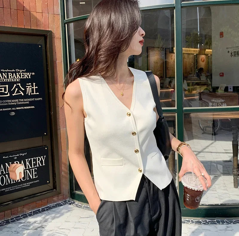 BXOXO Old Money Top Women Chic France Stylish V-neck Knitted Vest Solid Color Elegant Tops trends Waistcoat Minimal Style