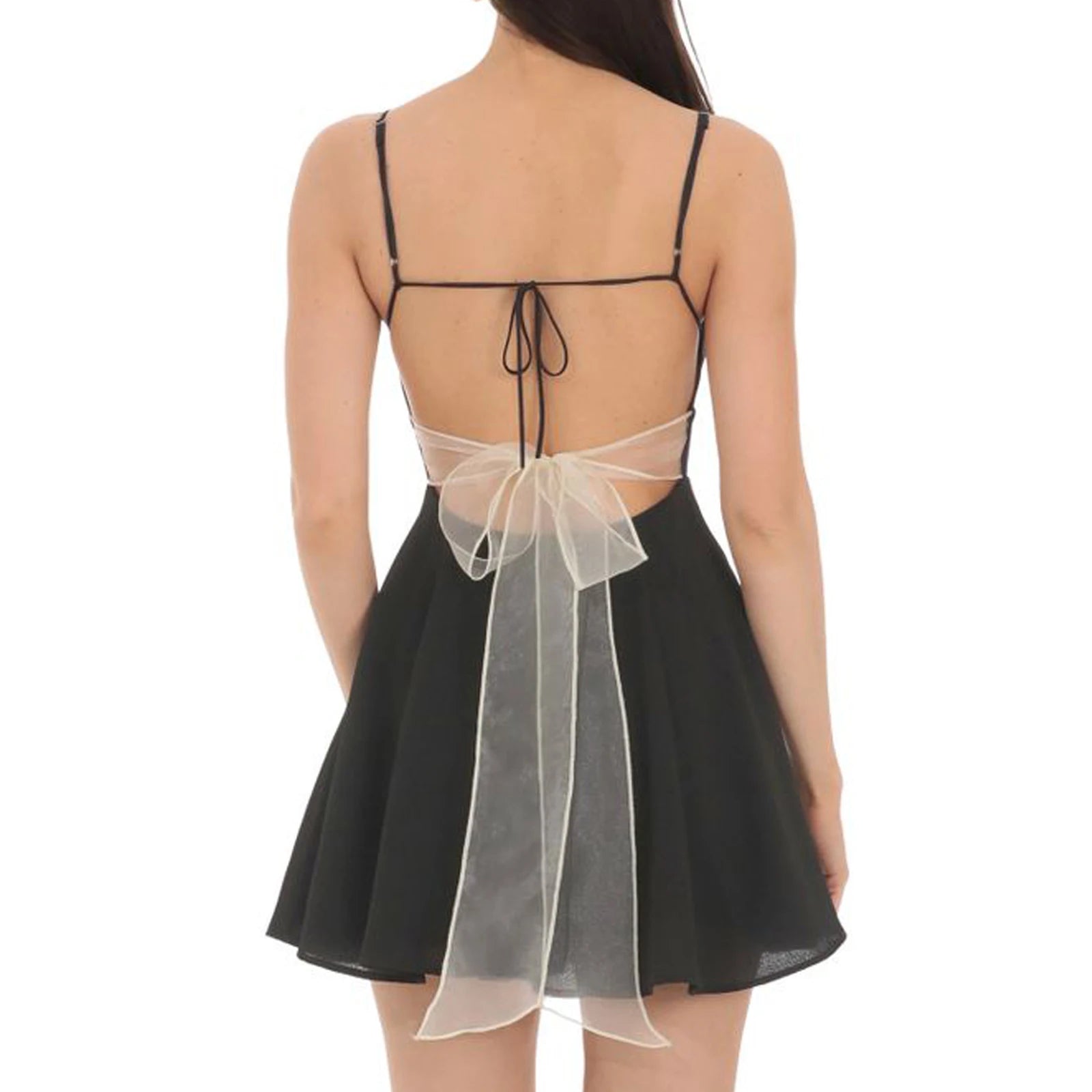 BXOXO Summer Women's Mini Cami Dress A-Line Dot Print V Neck Open Back Tie Waist Spaghetti Strap Dress for Party Club