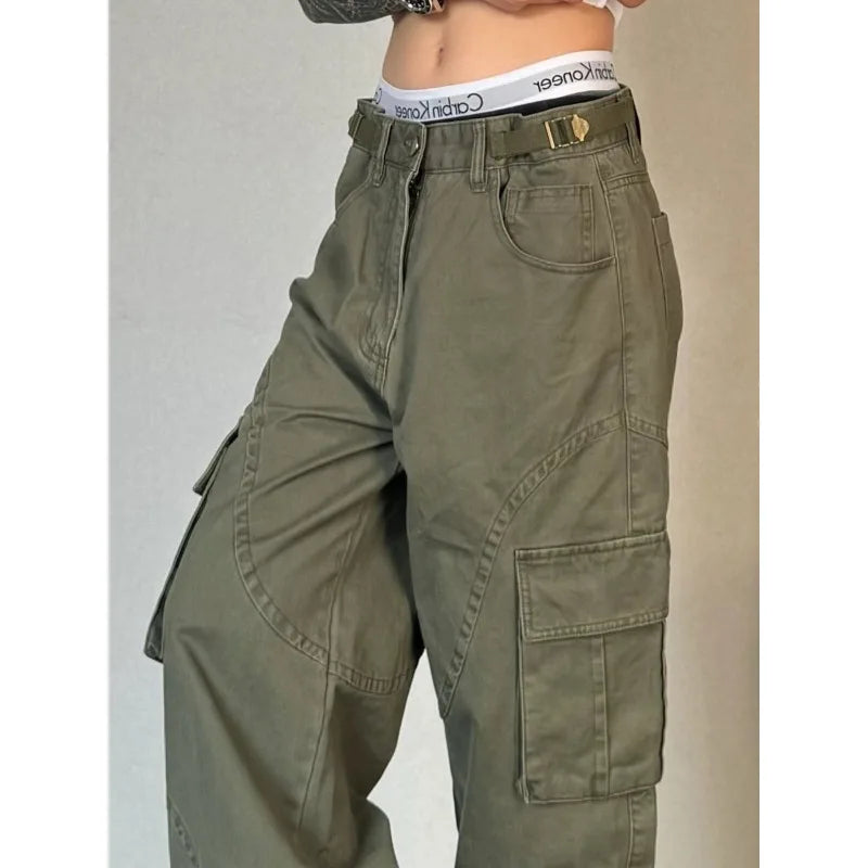 Bxoxo Y2k Green Vintage Cargo Pants Women Harajuku Multiple Pockets Korean Fashion Denim Pants Baggy Hip Hop Trousers Spring