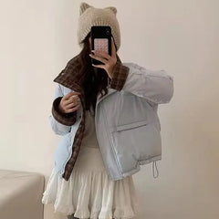 Bxoxo Vintage Plaid Patchwork Parkas Women Winter Warm Stand Collar Crop Coats Y2K Korean Streetwear Loose Puffer Outerwear Mujer