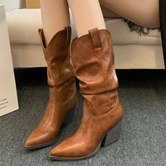 BXOXO Female Western Boots Cowboy Boots Women Plested Women Ankle  Pu Leather Shoes Autumn Boots Women Booties Lady Plus Size 42