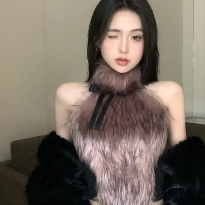 BXOXO 2025 Spring New Bow Halter Camisole Mujer Sexy Slim Fit Fluffy Vest for Women Y2k E-Girl Sleeveless Bottoming Tank Top