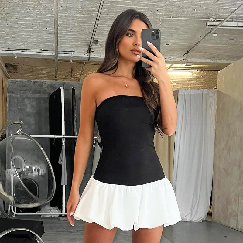 Bxoxo Contrast Color Mini Folds Dress For Women Strapless Sexy Slim Sleeveless Ruched Splice Y2K Beach Female Club Party Dress