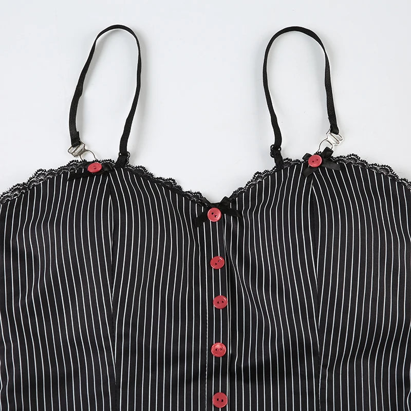 BXOXO Vintage Contrast Button Stitching Camis Women Causal Slim-fitting Sleeveless Slit Crop Top Summer Retro Striped Print Tee