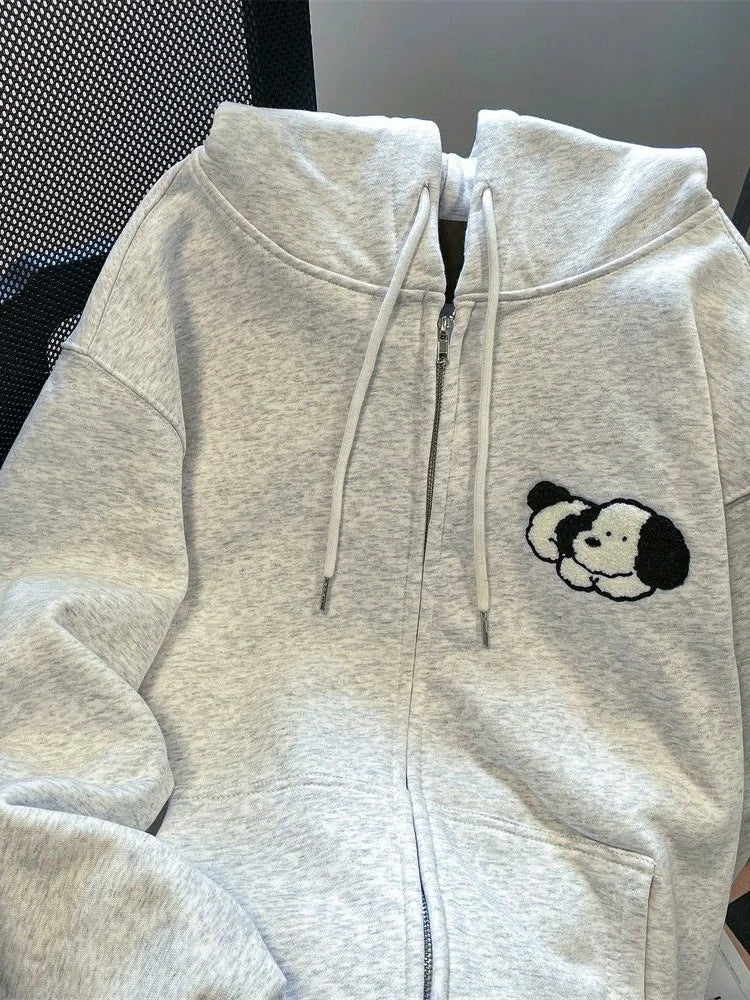 Bxoxo Cute Dog Cartoon Gray Hoodies Women Loose Long Sleeve Kawaii Sweatshirts Casual Vintage Preppy Style Fall Female Pockets Tops