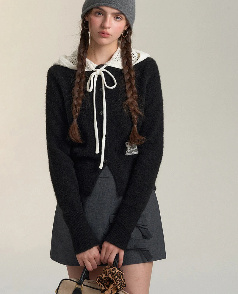Bxoxo Vintage Streetwear Hooded Cardigan Women Long Sleeve Hollow Out Patchwork Knitted Sweaters American Retro Lace Up Lace Tops