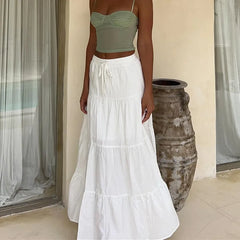 BXOXO Women Boho Long Skirt Y2k Elastic High Waist Ruffle Pleated Swing Maxi Skirt Casual Tiered Prairie Flowy Aline Skirt