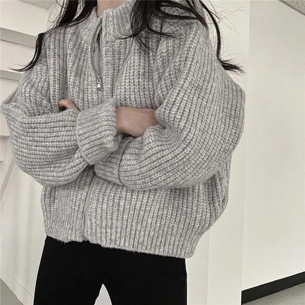 Bxoxo Women's Zip Up Sweater Cardigan Chunky Knit Stand Collar Zipper Front Plain Sweater Jacket Ladies Korean Chic Fall Winter Outfit