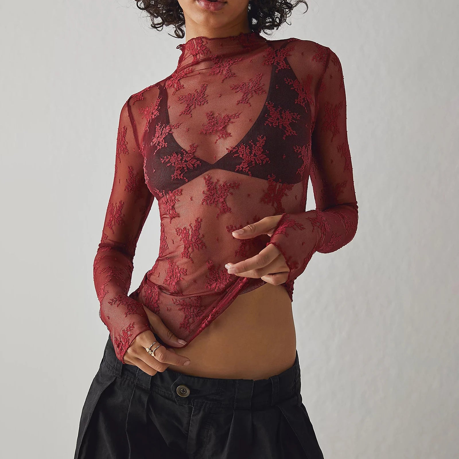 BXOXO Sheer Mesh Long Sleeve Layering Top for Women Mock Neck Floral Lace T shirt See Through Tee Shirt Blouse Summer Cover Up