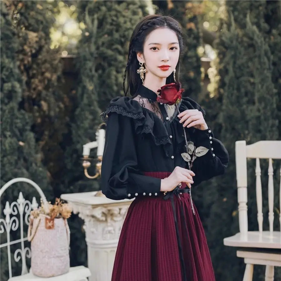 BXOXO Vintage Gothic Two Piece Dress Sets Women Black Lace Ruffle Blouse + Lace-up Midi Skirt Winter Court Retro Casual Suits Y2k