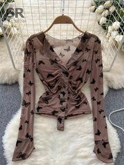 Bxoxo Butterfly Print Blouse Summer Long Sleeve V Neck Y2K 2024 Slim Vacation Ladies High Street Fashion Casual Shirt