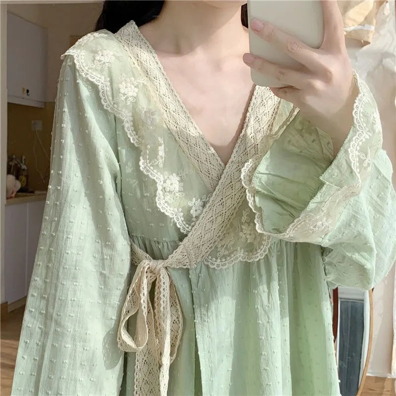 BXOXO New V-neck Tied Pajama Set for Women Spring Autumn Tops Long Sleeved Pants Lace Lace Pajamas