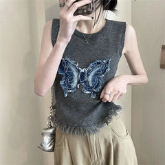 Knitting Tank Top Summer 2024 New Trend Patchwork O-neck Sleeveless Top Tee Female Casual Tassel Vintage Slim T-Shirts Women's