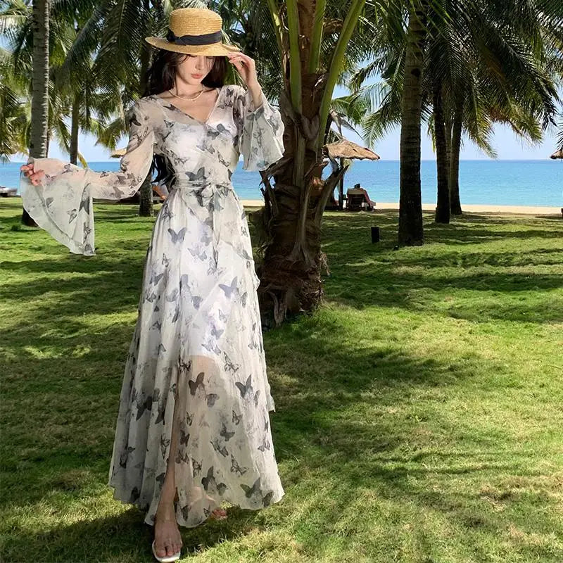 BXOXO Spring Autumn Vintage Gray Long Sleeve Butterfly Bandage Dress For Women French Bohemian Elegant V Neck Backless Dress Robe