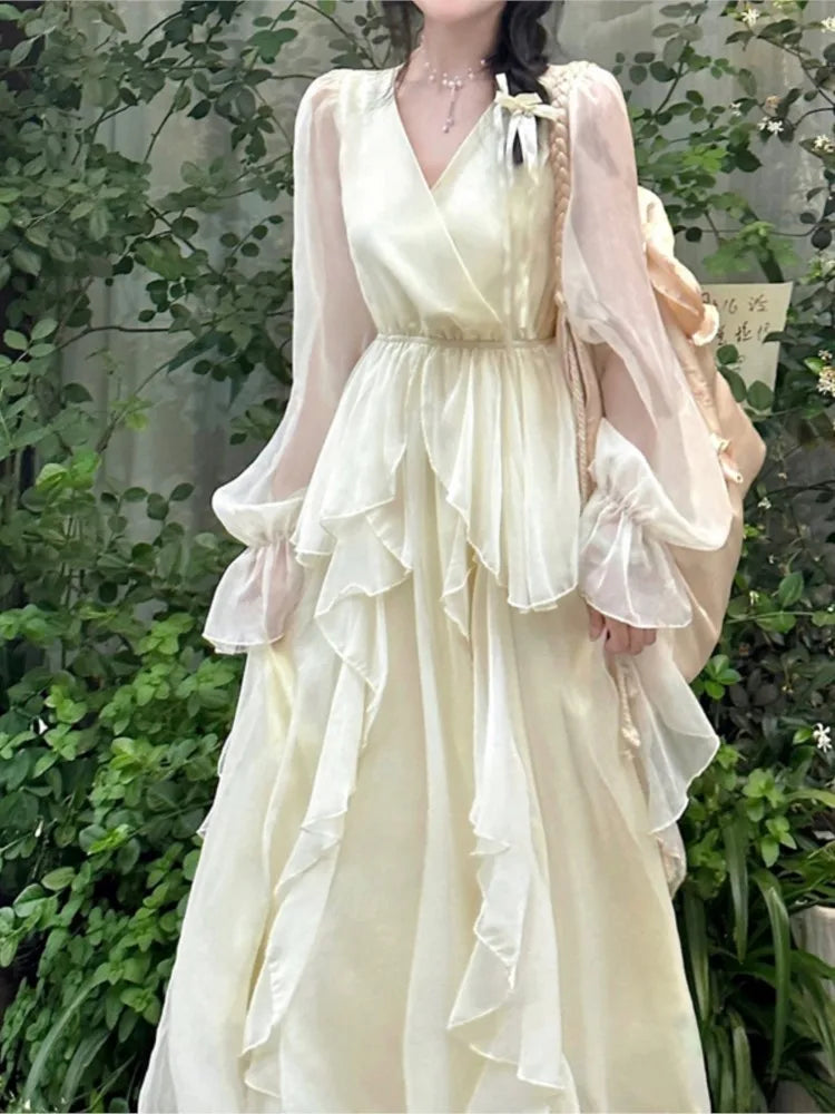 Bxoxo French Fairycon Ruffles Dresses For Women's 2025 New Summer Fashion V-Neck White Long Puff Sleeve Dress Holiday Beach Vestiods