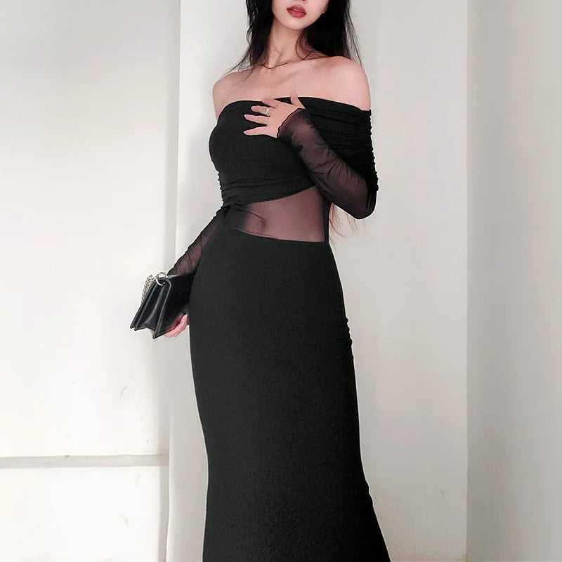 BXOXO Strapless Black Sexy Women's Dress Lace Patchwork Long Sleeves Bodycon Autumn Long Dresses Streetwear Elegant Party Clubwear