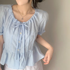 Bxoxo Chic Summer New Sweet Design Sense Bow Tie Flower Embroidery Bubble Sve Top Women's irt Fre Sle round Ne ort Sve