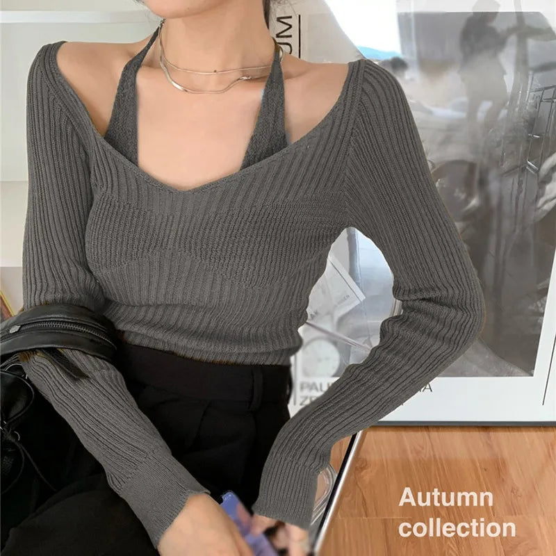 BXOXO Womens Korean version Long Sleeve Sweater Off Shoulder Sexy Knitted Pullover Jumper Sweaters Knit Sweater Casual Loose Blouse