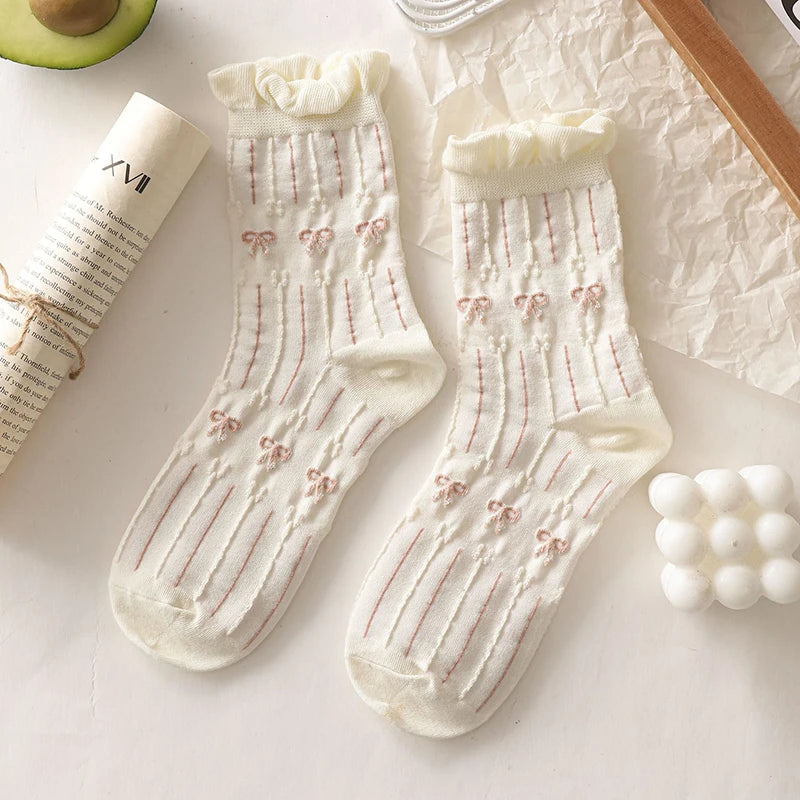 BXOXO Simple White Socks Versatile Lovely Bowknot Small Flowers Women's Medium Tube Socks kawaii Harajuku jk Lolita Girls Cotton Socks