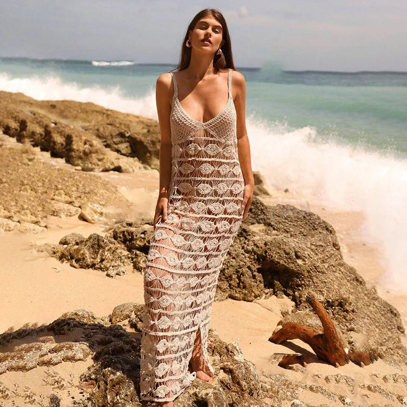 BXOXO Women Knit Beach Maxi Dress Fashion Sleeveless V-neck Cover-up Dress Hollowed Summer Long Vacation Dress