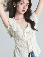 BXOXO 3D Floral Ruffles Sweet T Shirt Women Slim Sexy Cropped Short Sleeve Chic Tees Tops Korean Fashion Elegant Female T Shirts