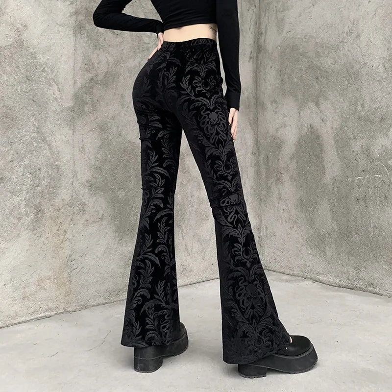 BXOXO Gothic Autumn Black Flare Pants Women Velvet Vintage Harajuku Bodycon High Waist Trousers Streetwear Casual Fashion Punk Pants