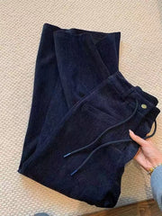 Bxoxo Navy Corduroy Casual Pants for Women Fall Plush Thick Streetwear Lace Up Wide Leg Pants High Waist All Match Straight Trousers