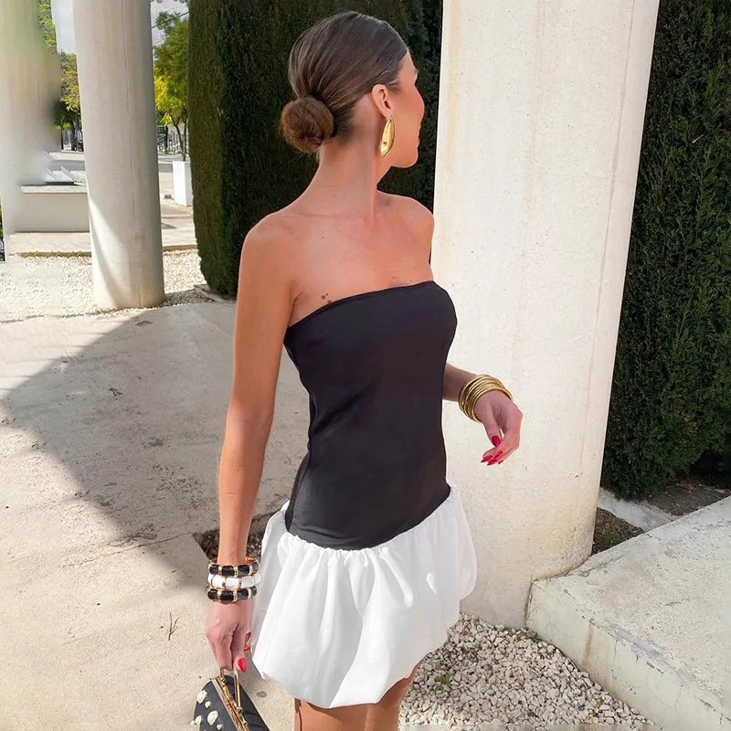Bxoxo Contrast Color Mini Folds Dress For Women Strapless Sexy Slim Sleeveless Ruched Splice Y2K Beach Female Club Party Dress