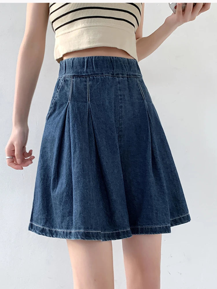 BXOXO S-5XL Summer Korean Fashion Blue Mini Denim Pleated Shorts Skirt Women High Waist A Line Short Pants Jeans Female