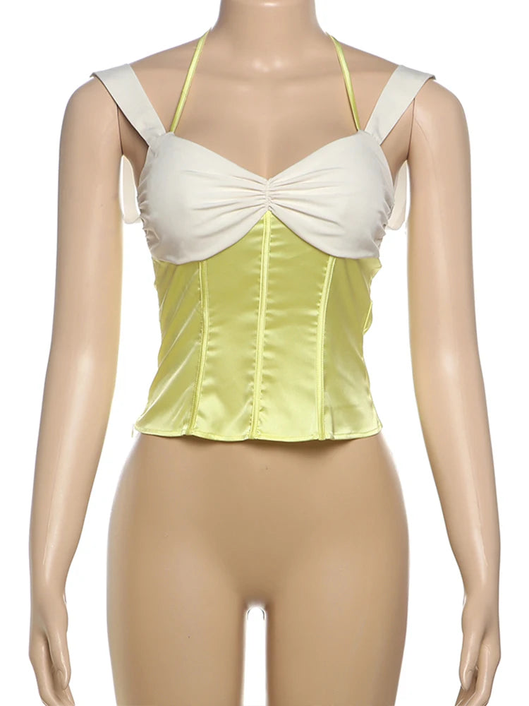 BXOXO Summer Patchwork Tank Tops Woman Backless Lace-Up Halter Satin Folds Y2K Party Streetwear Simple Skinny Elegant Vest