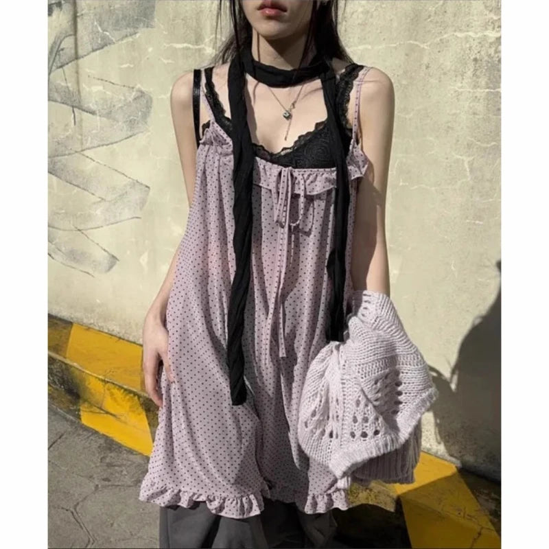 Bxoxo Harajuku Japanese Style Tank Tops Women Vintage Polka Dot Ruffle Sleeveless Mesh Dress Sexy See-through Layered Wear