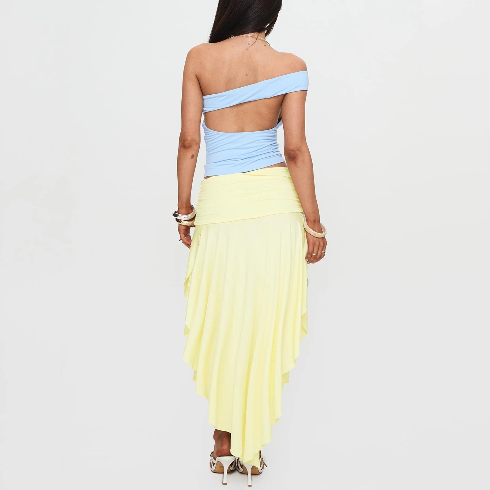 BXOXO Women's Trendy Asymmetrical Skirt Solid Color High Waist Pleated Hem Long Skirt for Travel, Beach, Shopping