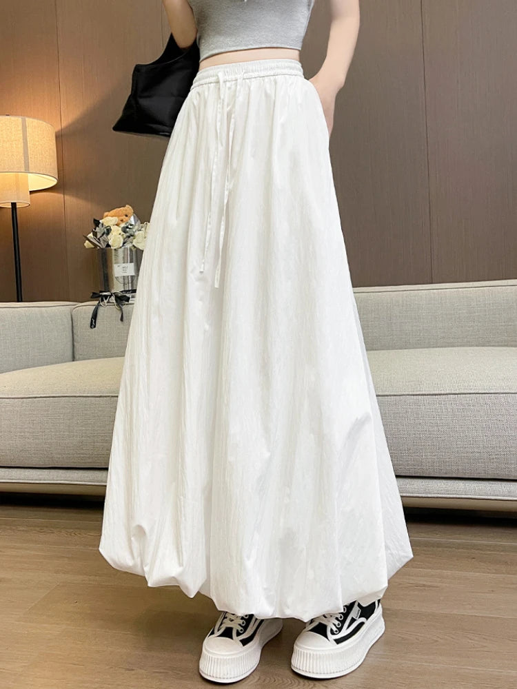 Bxoxo High Waist Fluffy Flower Bud Skirt Summer New Loose Versatile A-line Lantern Skirt Solid Color Elastic High Waist Long Skirt