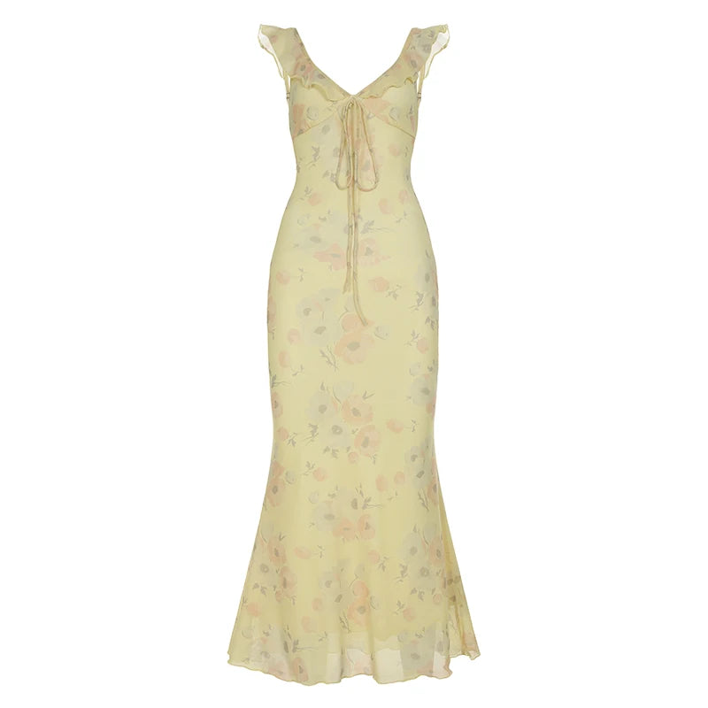 BXOXO Yellow Summer Print Camisole Dresses Slim Fit Elegant Fairycore Fashion Trendy Causal Holiday Style Clothes