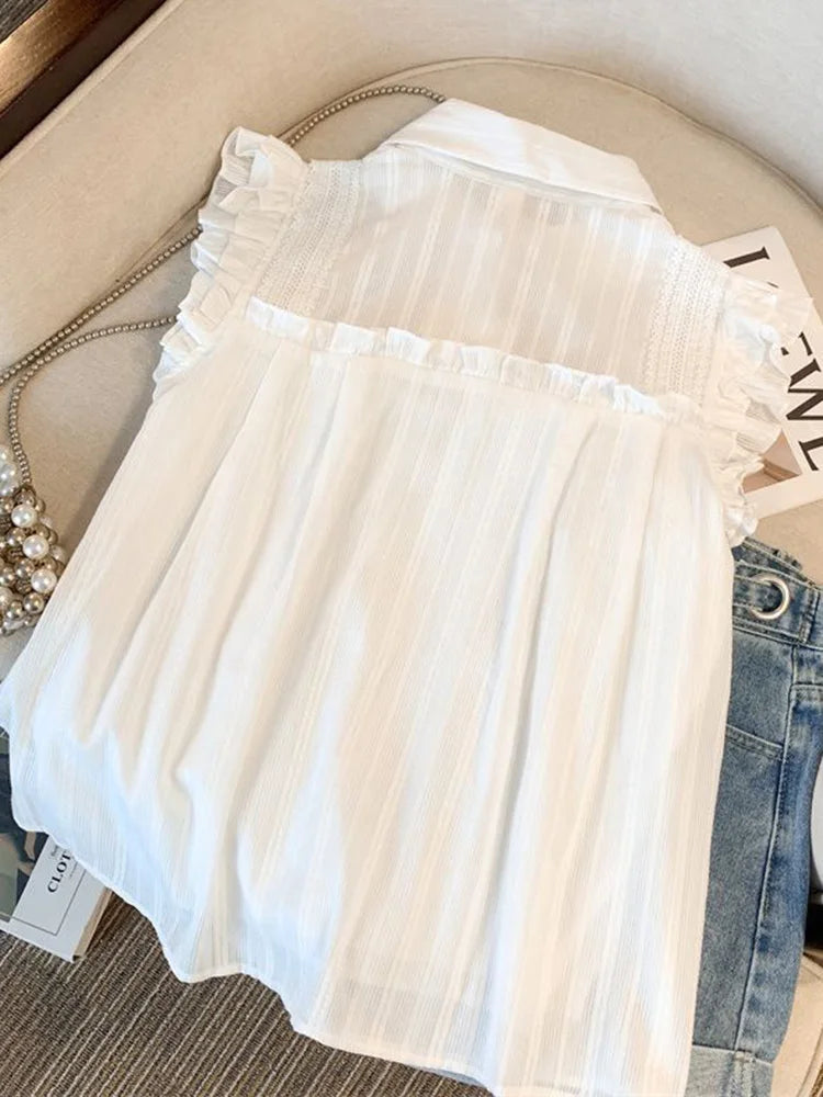 Bxoxo Elegant Sweet White Shirt Women Casual Ruffles Flying Sleeve Blouse Summer Cute Loose Design Female All Match Vintage Tops