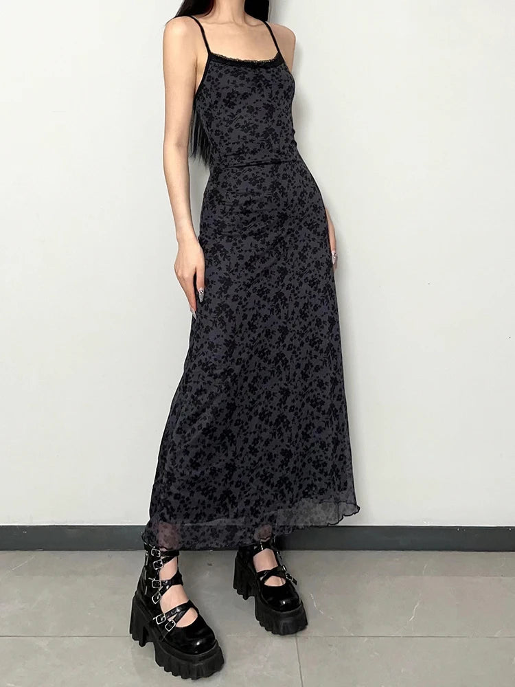 BXOXO Vintage Y2K Summer Long Dresses Grunge Streetwear Loose Fit Spaghetti Strap Maxi Dress Retro Costume 2000s Fashion