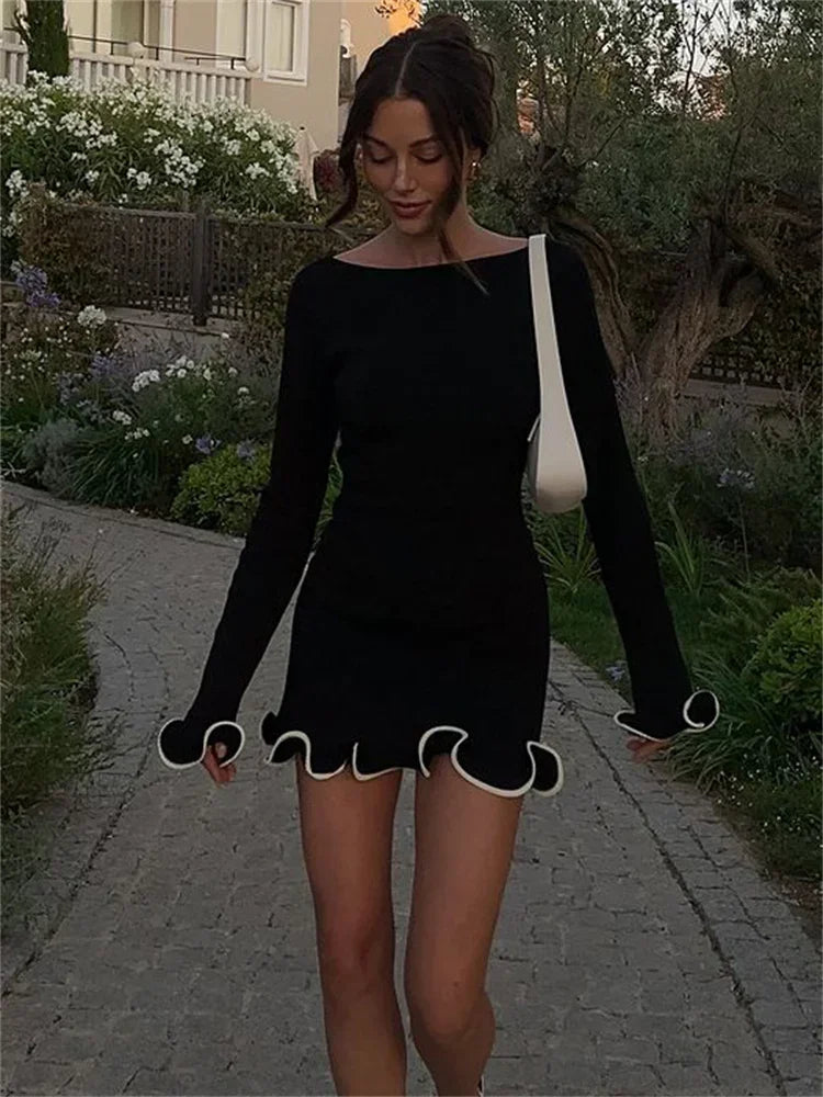 Bxoxo Fashion Women's Knit Mini Dress Ruffled Autumn High Waist Elegant Slim Party Dress Patchwork Knitwear Sweater Female Dress