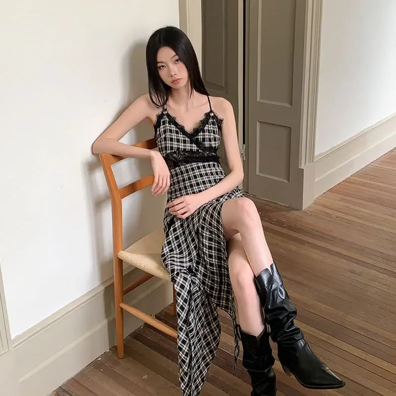 BXOXO Black And White Plaid Women's Dress Lace Splicing Irregular Hem Slimming Strap Long Dress Design Sense Niche Sleeveless