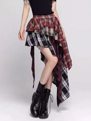 Bxoxo Irregular Y2K Plaid Skirt Women High Waist Vintage Streetwear Gothic Long Skirts American Retro Harajuku Lady Summer Skirts