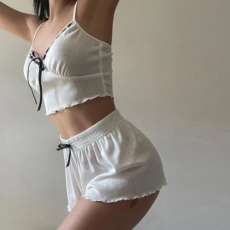 BXOXO Women Pajamas Set 2 Pieces Loungewear Suits Contrast Tie-Up Camisoles Tank Tops and Elastic Waist Shorts Sleepwear y2k Outfits