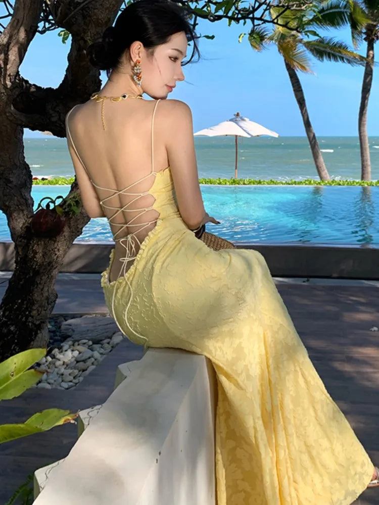 Bxoxo Women's Sexy Bodycon Party Dress Elegant Summer Yellow Lace-up Evening Spaghetti Strap Dresses 2025 New Chic Beach Holiday Robe